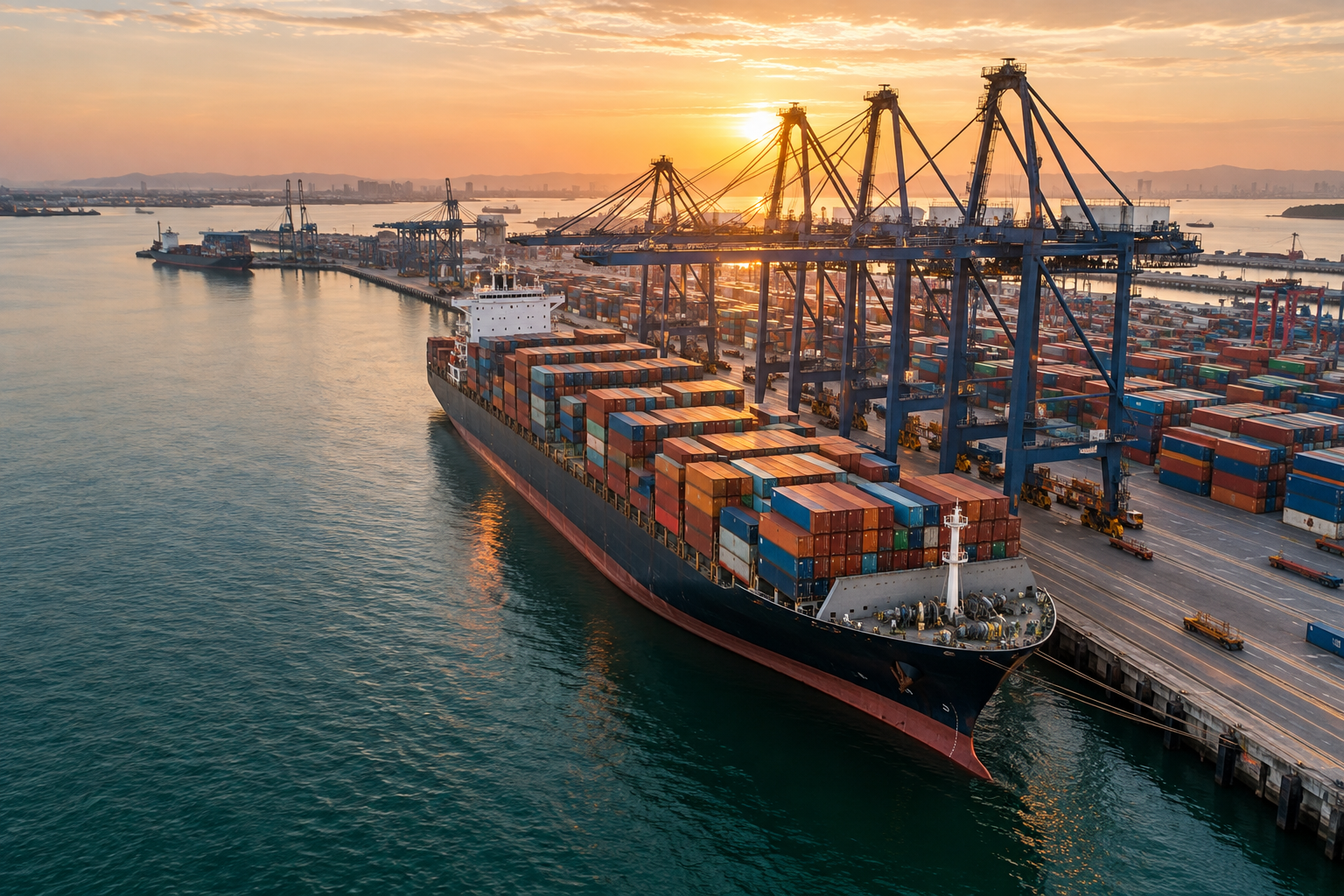 Illustrative view of a container vessel and port cranes in golden sunrise light